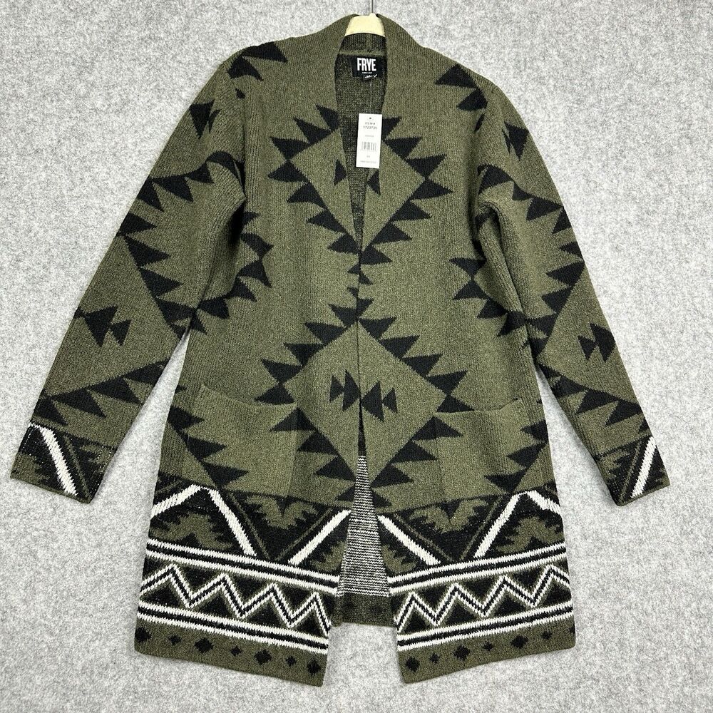 Frye Open Cardigan Sweater Womens XS Green Black Aztec Southwest Pockets NEW
